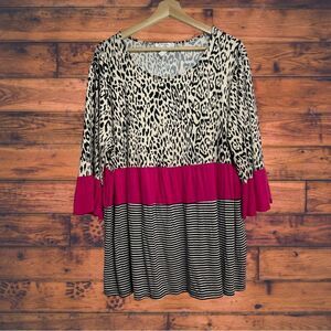 Moa Moa Cheetah Print Pink & Striped Color-block Bell Sleeve T-Shirt 2X